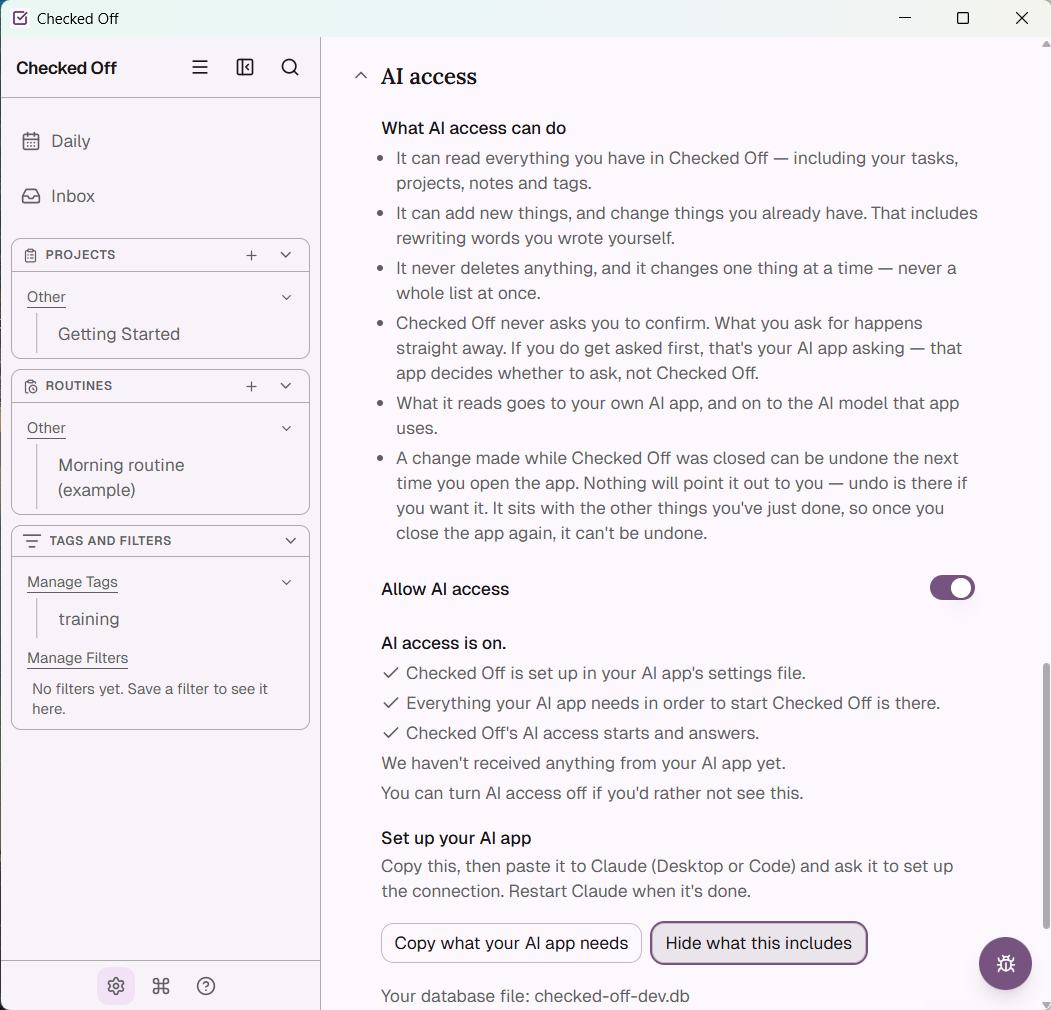 Turning on AI access in Settings, showing the setup copy-paste configuration