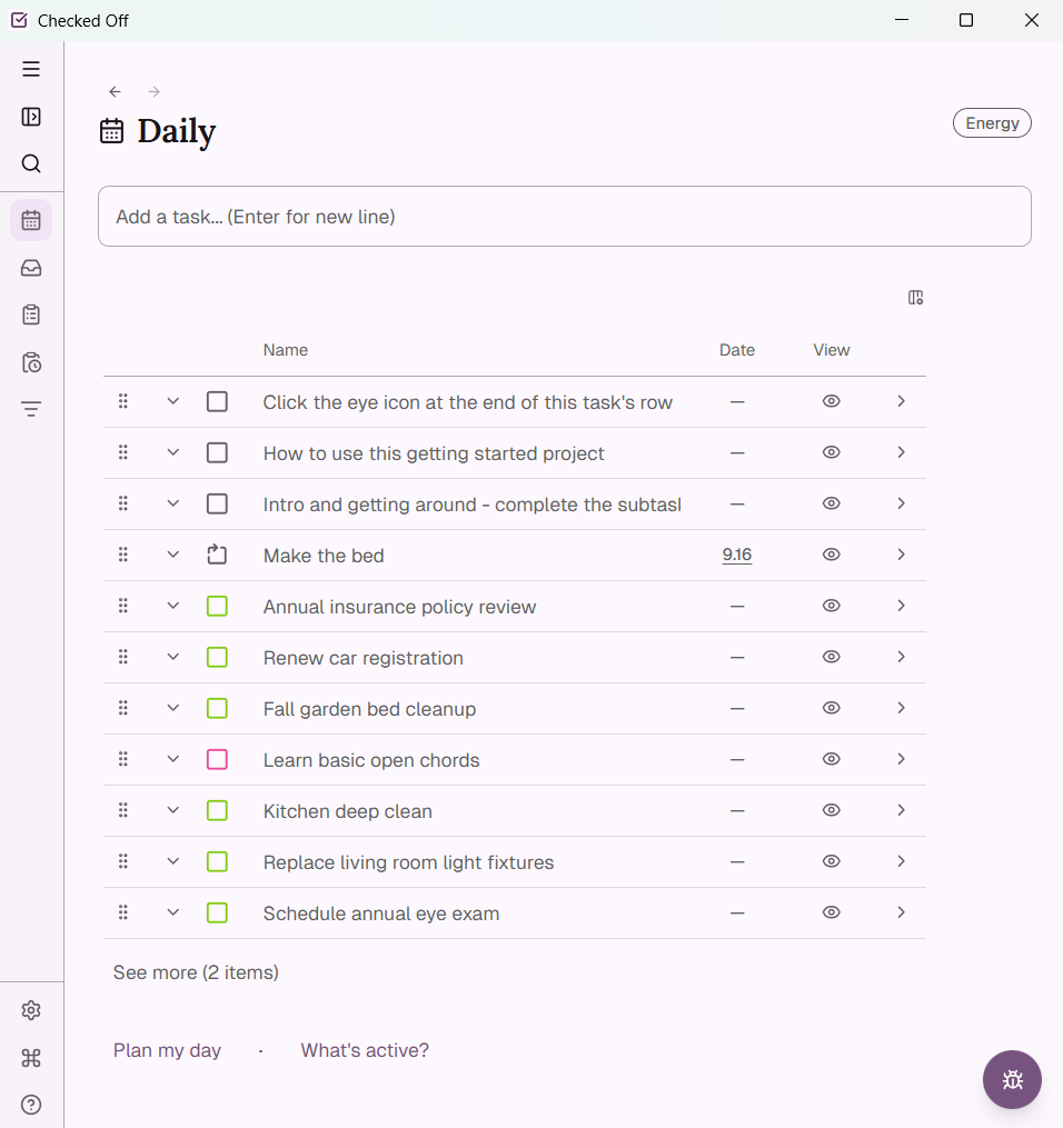 Daily view after planning, showing a routine item, color-coded tasks, and a See more button