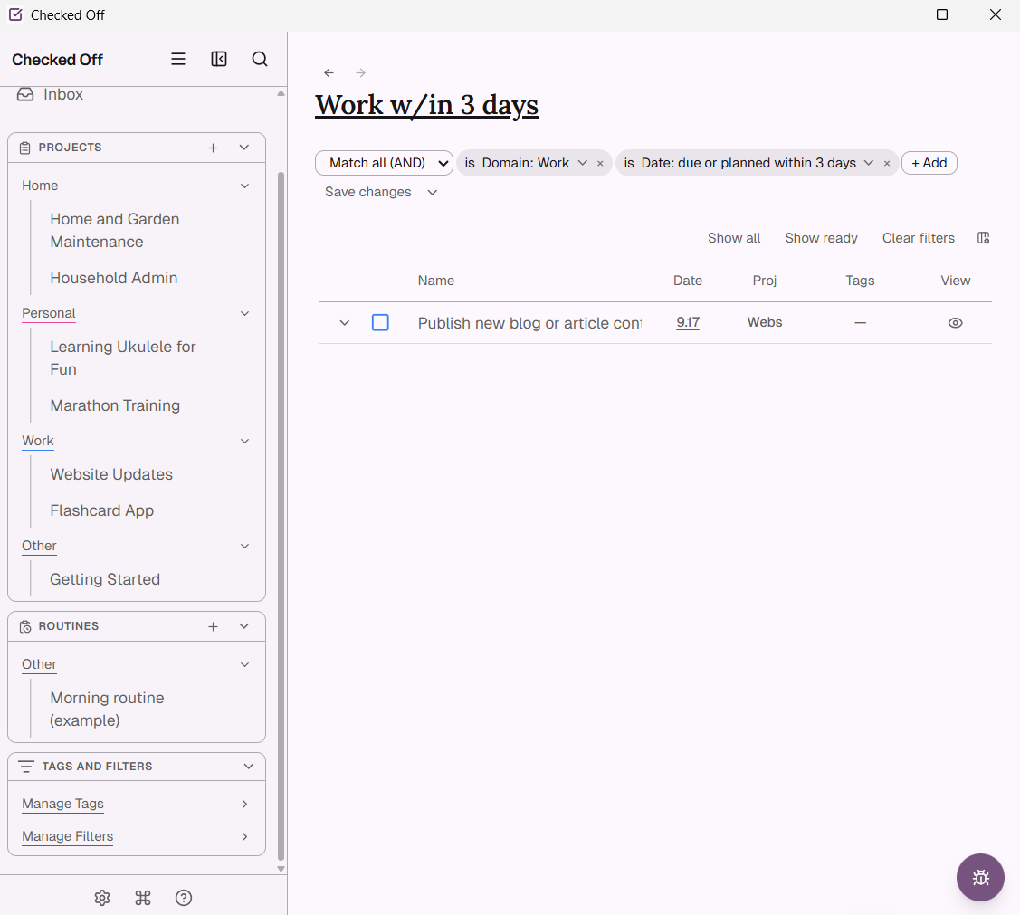 A saved filter showing work-domain tasks due or planned within three days