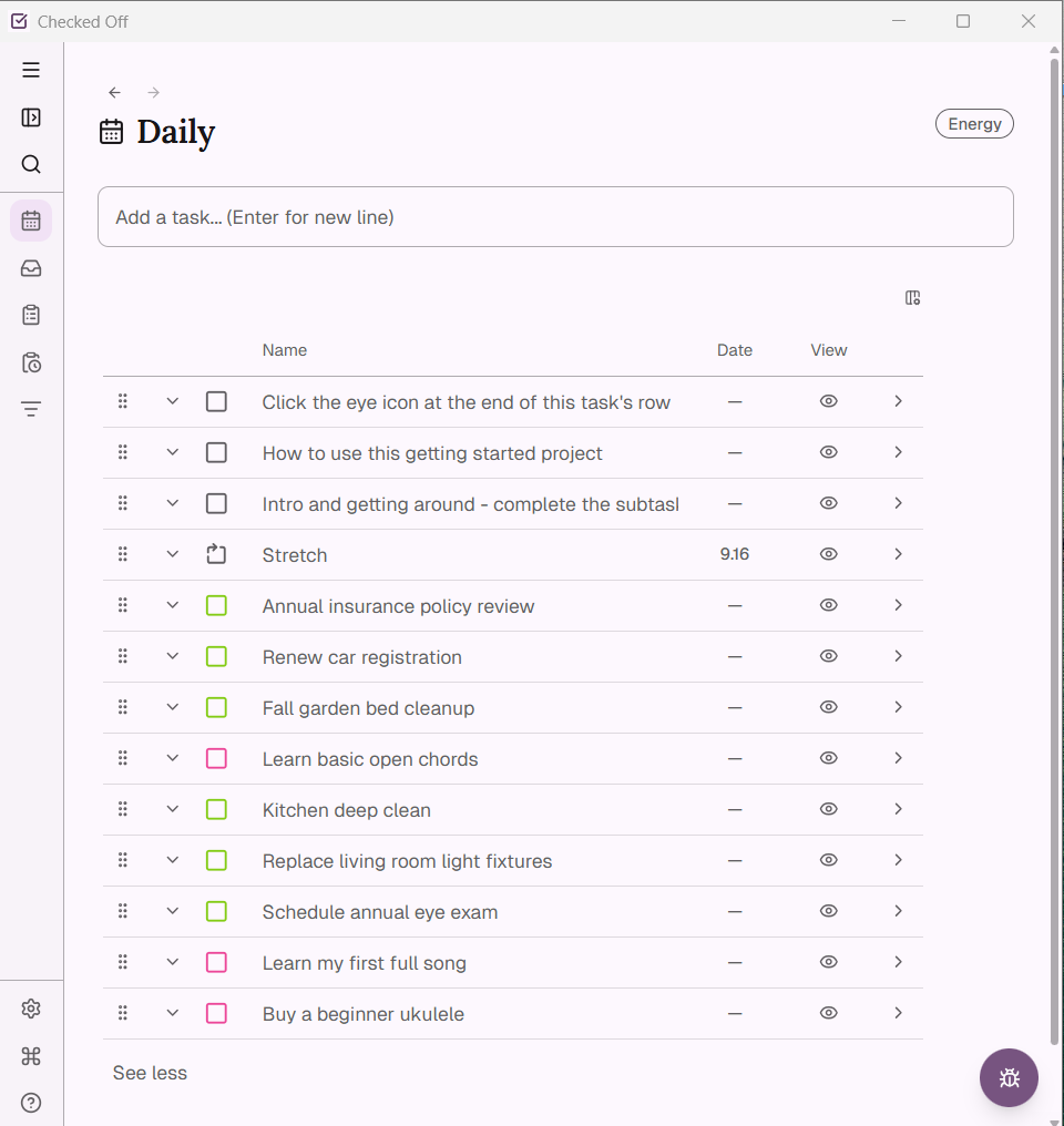 Daily View, fully expanded — a prioritized list with no dates attached