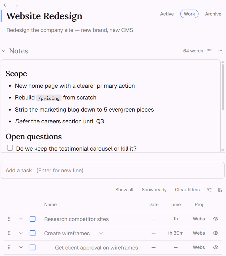 Project-level notes with markdown