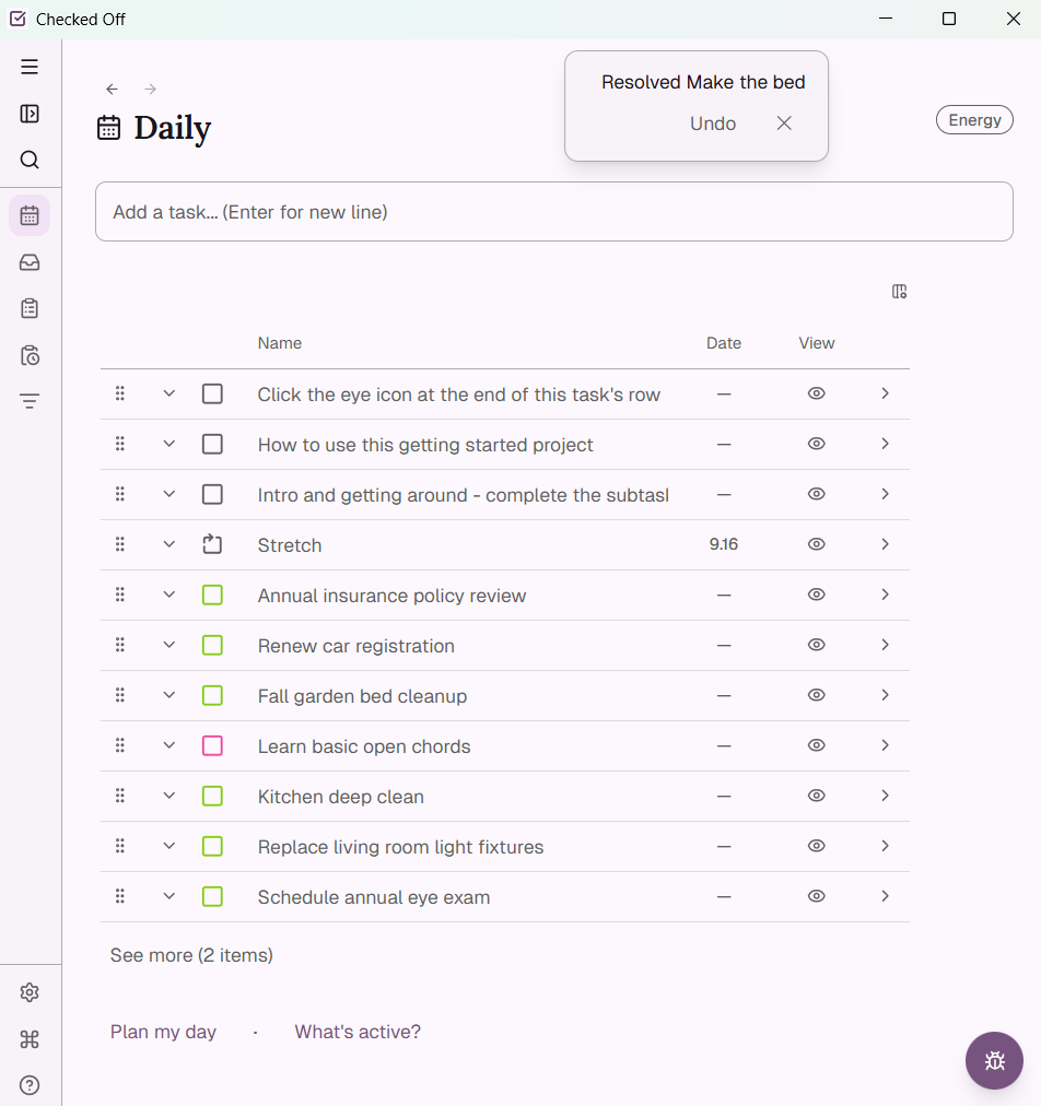 Resolving a routine item in Daily View — the next item appears immediately, same day, same position