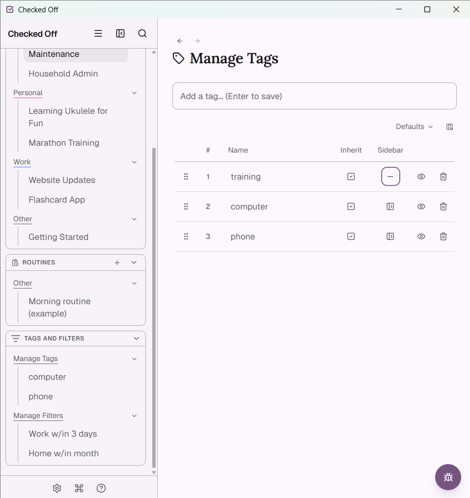 Tags and filters sidebar