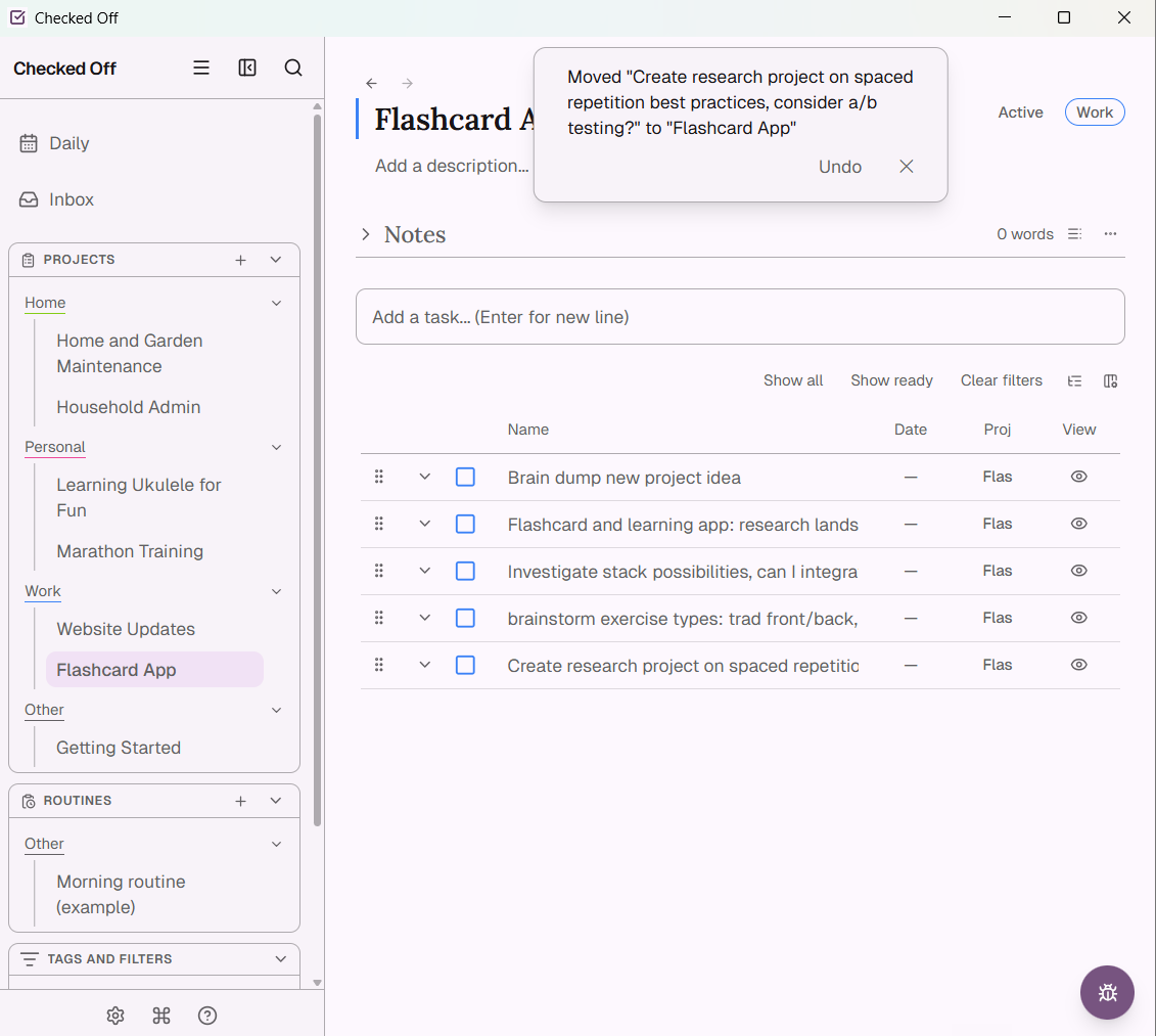 Task list table view