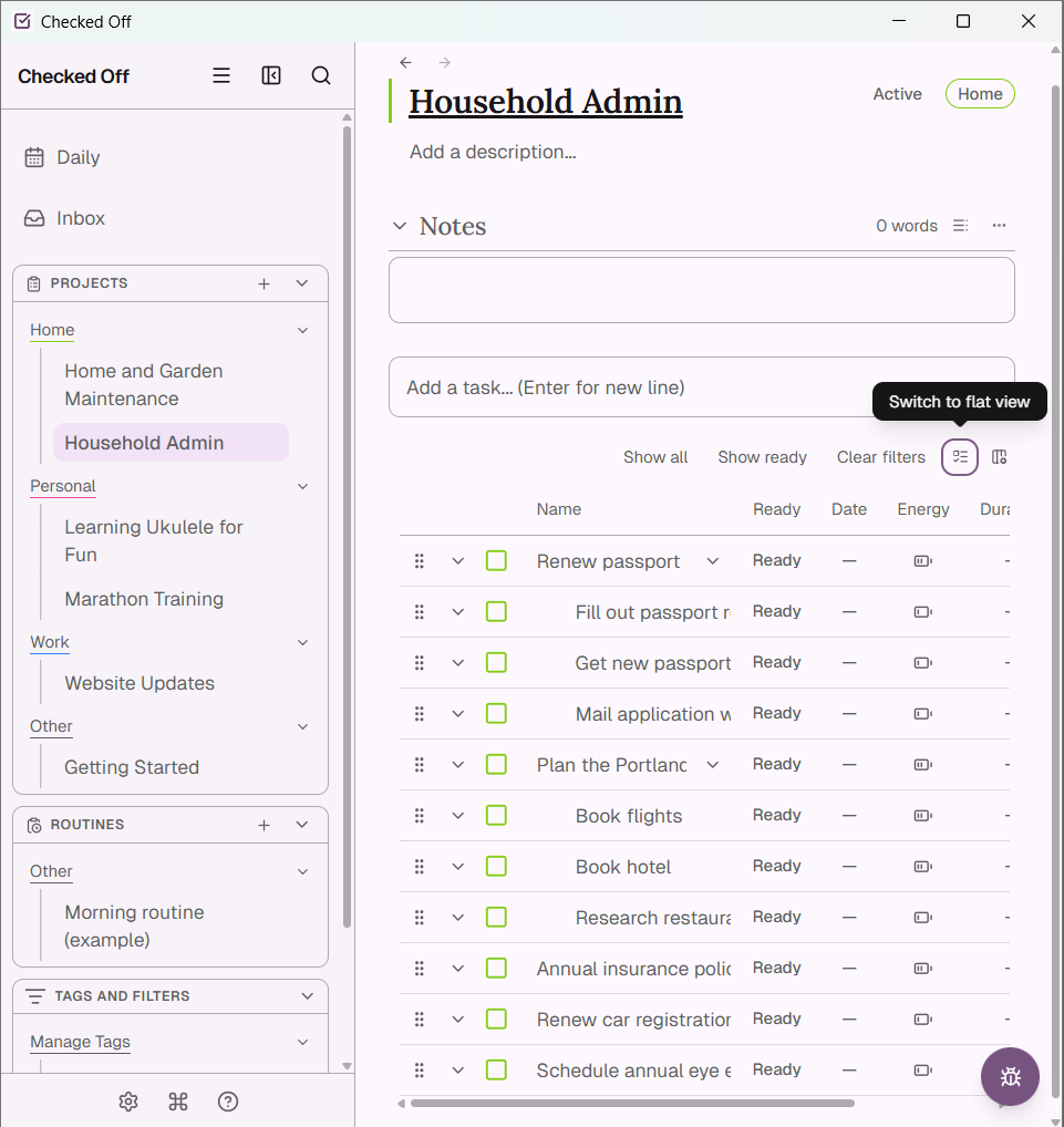 Checked Off project view — tasks live in projects, not on days