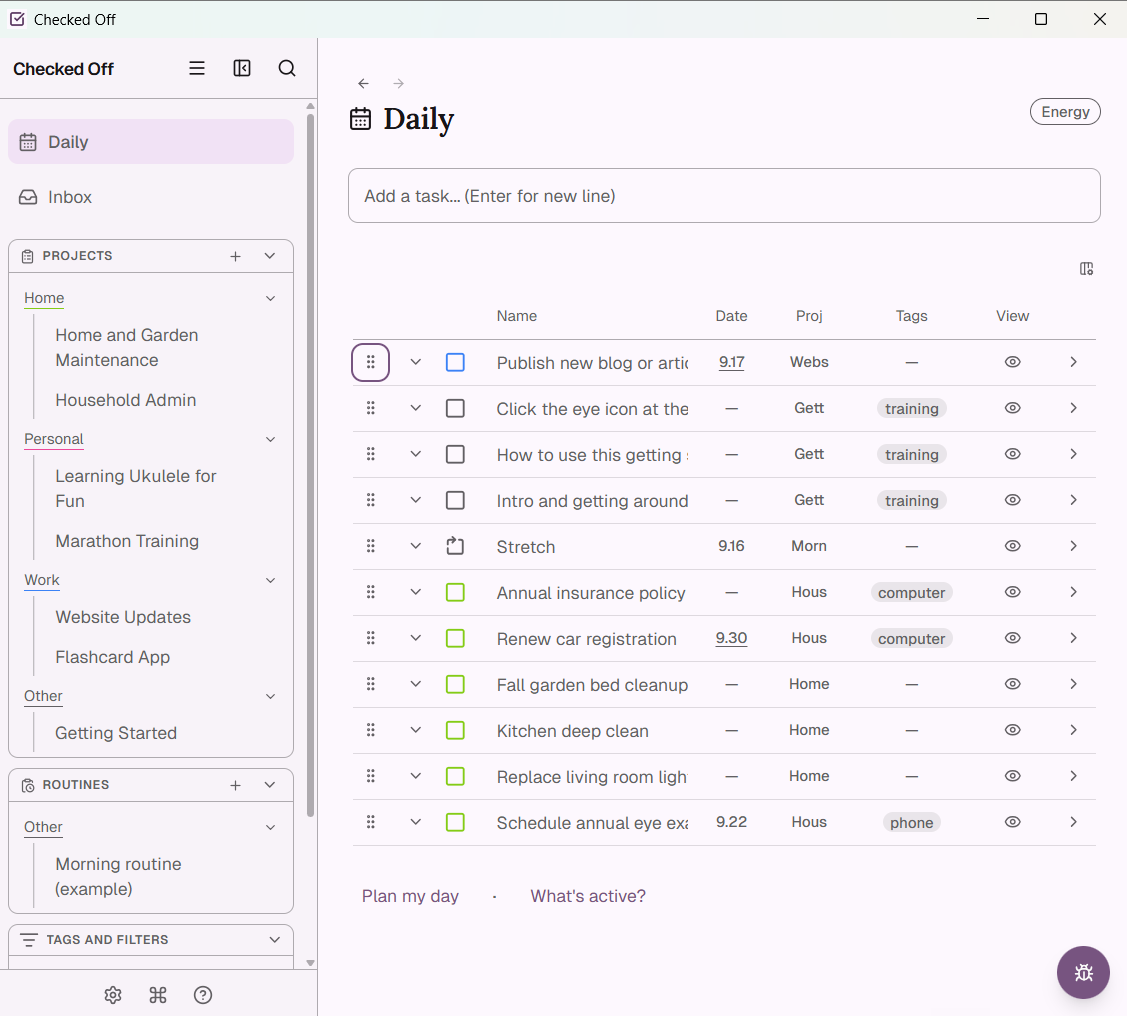 Daily planning with filters expanded — a work item due soon shows up even though its project isn't selected